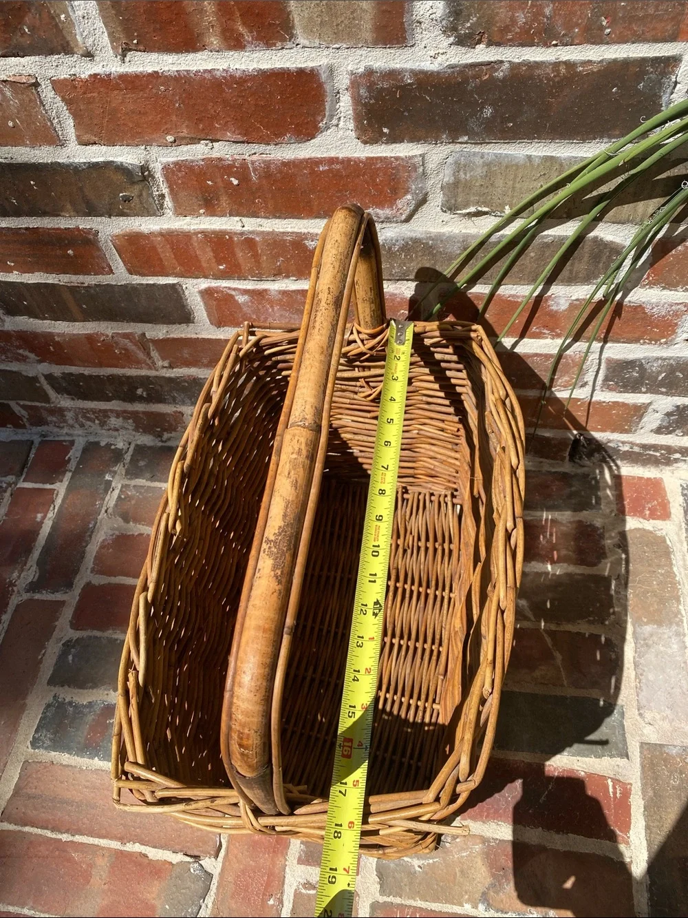 Vintage Woven Rattan Gathering Basket with Bamboo Handle in Natural Brown